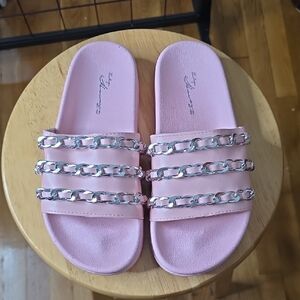 Vintage Havana - Pink Slide Sandals with Silver Chain Accents